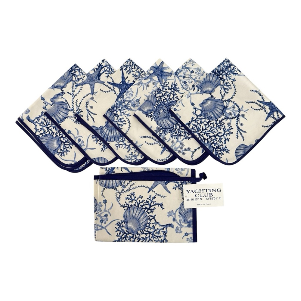 Yachting Club Napkins Dish Towel Nautical Coastal Seashell Cotton Made In Italy